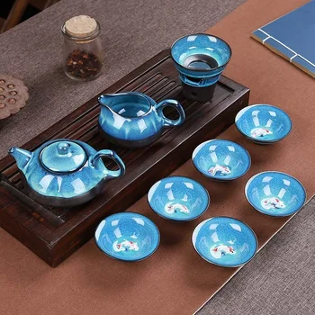 Jun Porcelāna zivju tējas uzstādīt keramikas tējkanna tējkanna keramikas tējas tase zivju, ķīniešu kung fu tējas komplekts drinkware