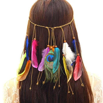 Spalvu Turban Dāmas Hairband Pielāgot Boho Spalvu Galvas stīpa, lai Sieviete Festivāls Matu Aksesuāri Pāvs Hipiju Sieviete